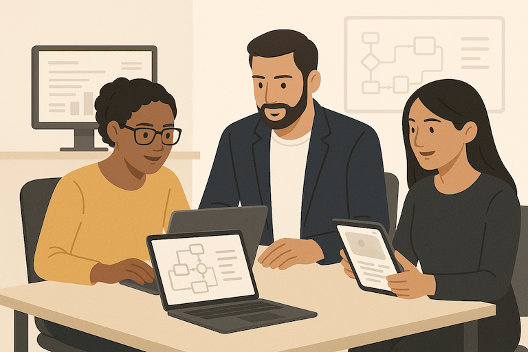 Three people collaborating in a bright modern office